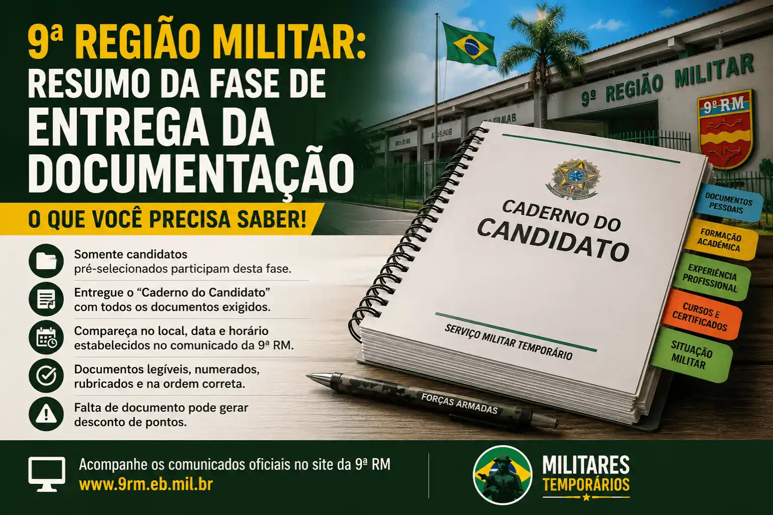 9ª Região Militar: resumo da fase de entrega da documentação do processo seletivo para militares temporários