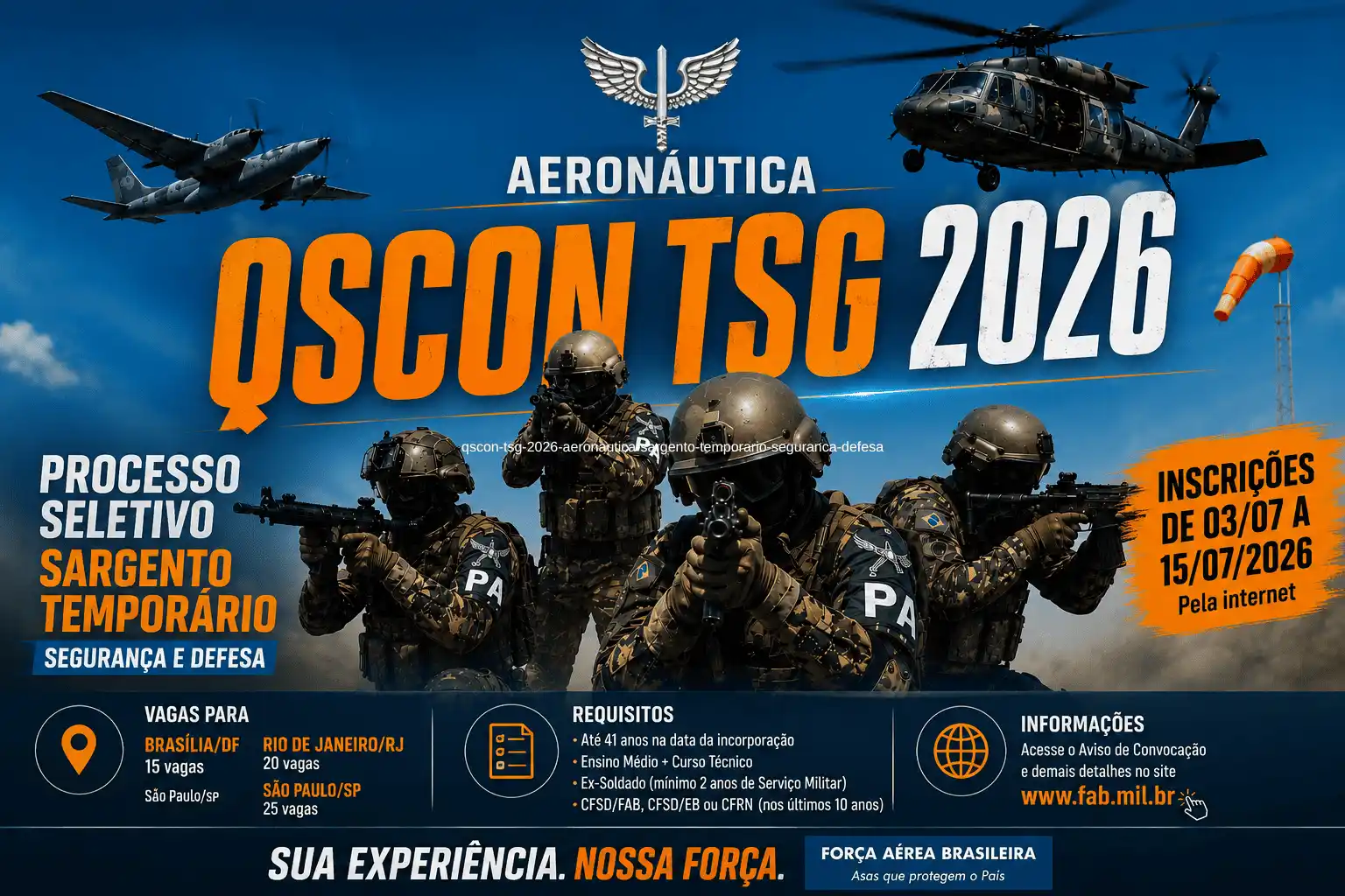 Processo Seletivo QSCon TSG 2026 da Aeronáutica para Sargentos Temporários em Segurança e Defesa.